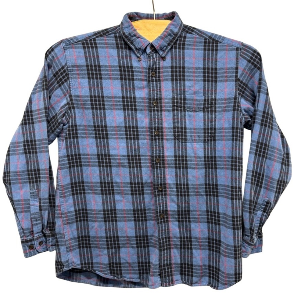 LL Bean Mens Flannel Shirt Large Blue Black Plaid Traditional Fit Cotton 228061